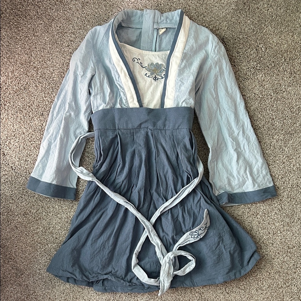 Light Blue and Slate Gray Empire Waist Dress with Embroidered Detail